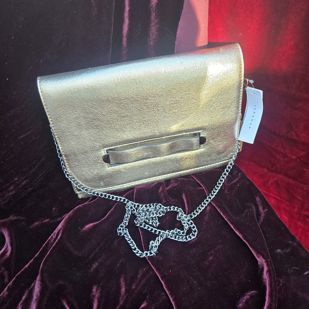 TOPSHOP Metallic Gold Foldover Crossbody Clutch Bag NWT Chain Strap